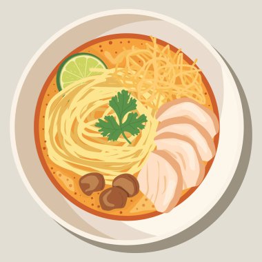 Tayland yemeği kasesinin düz renginde yumurta erişteli körili erişte çorbası dilimlenmiş tavuk, limon, kişniş ve kızarmış erişte..