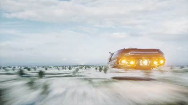 Φουτουριστικό ιπτάμενο αυτοκίνητο με 3d μοντέλο γυναίκα γρήγορη οδήγηση στην έρημο. Έννοια του μέλλοντος. Ρεαλιστικό animation 4 k. — Αρχείο Βίντεο