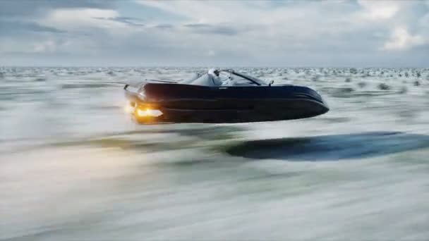 砂漠での運転高速 3 d モデル女性と未来の空飛ぶ車。未来のコンセプトです。リアル 4 k アニメーション. — ストック動画