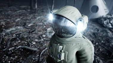 Astronot sis gece ormanda. Korku ve dehşet. yere iniş. 4 k animasyon. 3D render.
