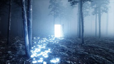 Sis gece orman parlak kelebekler. Işık portal kapı. Kılınacaktır ve sihirli concept.3d render.