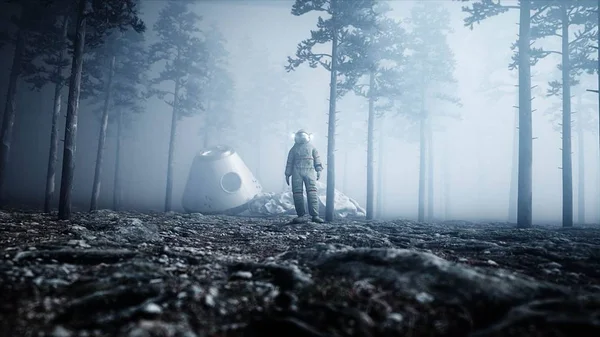 Astronauta en el bosque nocturno de niebla. Miedo y horror. lugar de aterrizaje. Animación 4K. renderizado 3d . —  Fotos de Stock