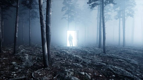 Astronaut in fog night forest. Light portal door. landing place. 4K animation. 3d rendering