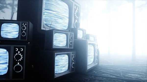 Oude antieke Tv in mist nacht bos. Angst en afschuw. Mistic concept. Uitgezonden. 3D-rendering. — Stockfoto