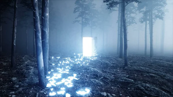 霧の夜の森で光る蝶。光のポータルの扉。民衆的ミスティクと魔法の concept.3d レンダリング. — ストック写真