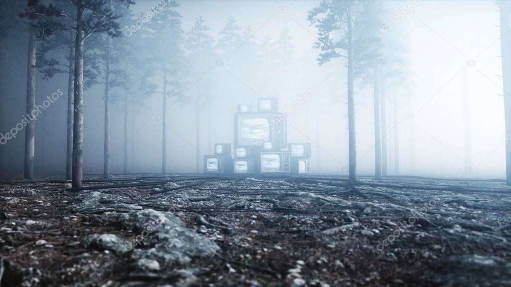 Old antique TV in fog night forest. Fear and horror. Mistic concept. Broadcast. 3d rendering.