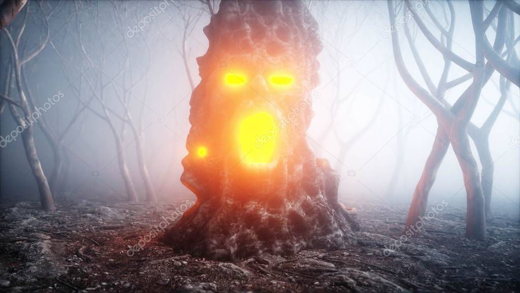 stone screaming head in fog night forest. Fear and horror. Mistyc concept of halloween. 3d rendering.