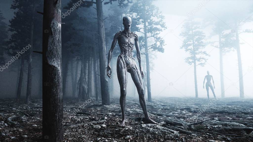 scary monster in fog night forest. Fear and horror. Mistic and ufo concept. 3d rendering.