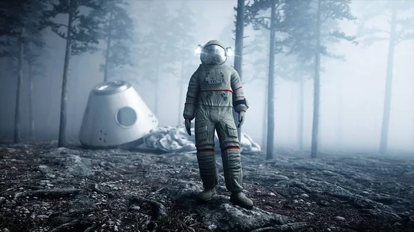 Astronaut v lese noční mlhy. Strach a hrůza. přistávací místo. 4 k animaci. 3D vykreslování. — Stock fotografie