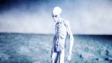 Gezegendeki uzaylı, ay. Amaç dünyada. UFO. 3D render.