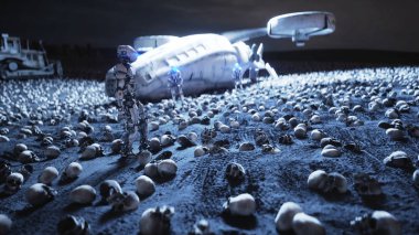 askeri robot ve insan kafatasları. Dramatik kıyamet süper gerçekçi kavramı. Makinelerin yükselişi. Karanlık geleceği. 3D render.