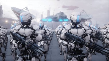askeri robotlar işgali. Dramatik kıyamet süper gerçekçi kavramı. Gelecek. 3D render.