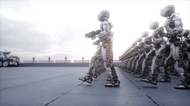 askeri robotlar işgali. Dramatik kıyamet süper gerçekçi kavramı. Gelecek. 3D render.