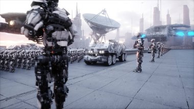 askeri robotlar işgali. Dramatik kıyamet süper gerçekçi kavramı. Gelecek. 3D render.