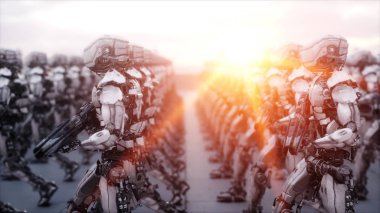 askeri robotlar işgali. Dramatik kıyamet süper gerçekçi kavramı. Gelecek. 3D render.