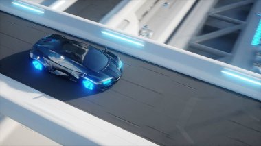 siyah fütüristik elektrikli otomobil sci fi versite, sürüş çok hızlı şehir. Gelecek kavramı. 3D render.