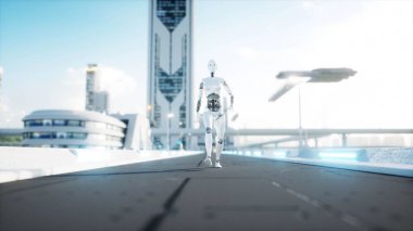 Kadın robot yürüme. Fütüristik şehir, kasaba. İnsanlar ve robotlar. 3D render.