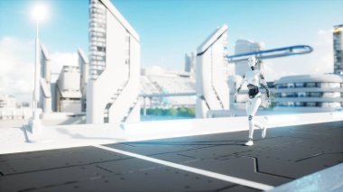 Kadın robot yürüme. Fütüristik şehir, kasaba. İnsanlar ve robotlar. 3D render.