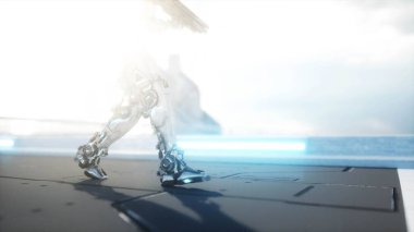 Askeri robot silah yürüme. Fütüristik şehir, kasaba. 3D render.