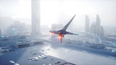 Sci fi gemiyi fütüristik sis şehri ele. Havadan görünümü. Gelecek kavramı. 3D render.