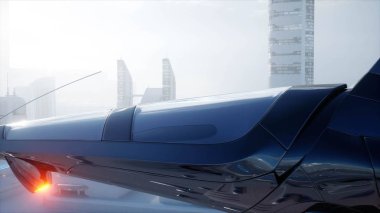 Sci fi gemiyi fütüristik sis şehri ele. Havadan görünümü. Gelecek kavramı. 3D render.