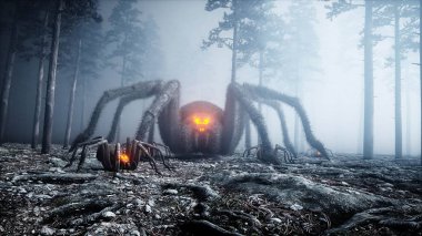 scary gigant spider in fog night forest. Fear and horror. Mistic and halloween concept. 3d rendering. clipart