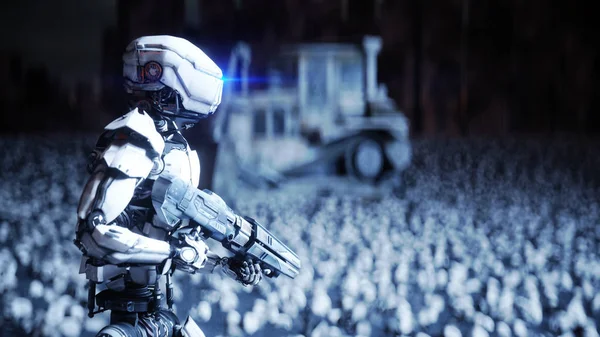 askeri robot ve insan kafatasları. Dramatik kıyamet süper gerçekçi kavramı. Makinelerin yükselişi. Karanlık geleceği. 3D render.