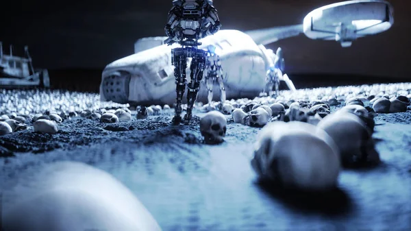 Militär robot och skallar av människor. Dramatiska apokalyps super realistisk koncept. Ökningen av maskinerna. Mörk framtid. 3D-rendering. — Stockfoto