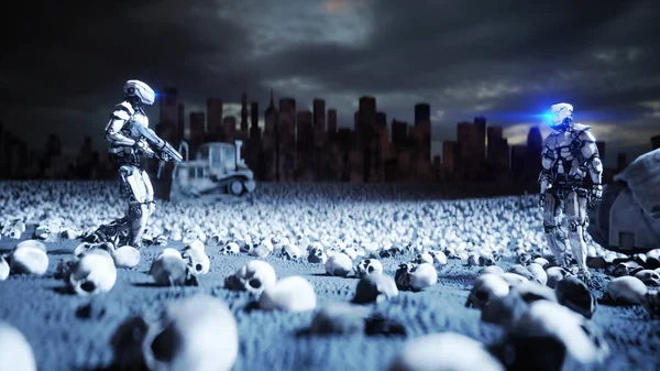 Militaire robot en schedels van mensen. Dramatische Apocalyps super realistisch concept. Rise of the Machines. Donkere toekomst. 3D-rendering. — Stockfoto