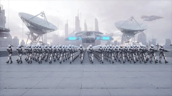 Invasión de robots militares. Dramático apocalipsis concepto super realista. Futuro. renderizado 3d . — Foto de Stock