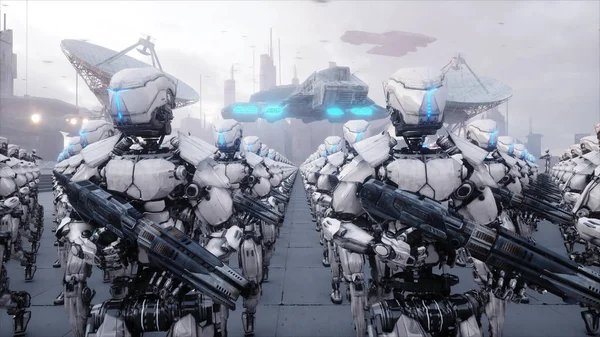 Εισβολή των στρατιωτικών ρομπότ. Εξαιρετικά ρεαλιστική αντίληψη δραματική αποκάλυψη. Μέλλον. 3D rendering. — Φωτογραφία Αρχείου