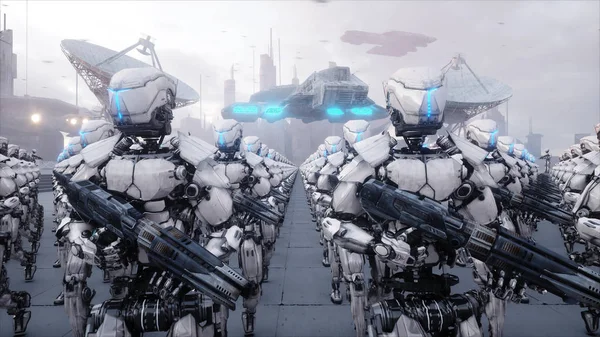 askeri robotlar işgali. Dramatik kıyamet süper gerçekçi kavramı. Gelecek. 3D render.
