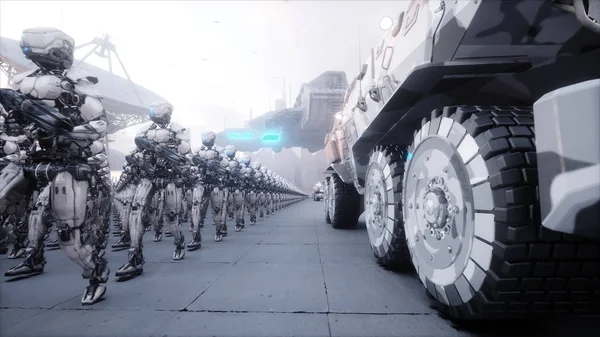 Invasion de robots militaires. Apocalypse dramatique concept super réaliste. Le futur. Rendu 3d . — Photo