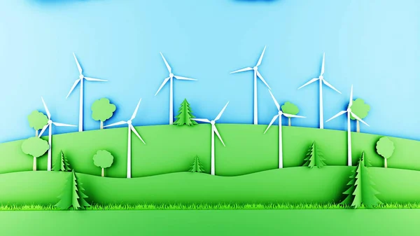 Paper cartoon landscape with wind power turbines. Ecological concept. 3d rendering.