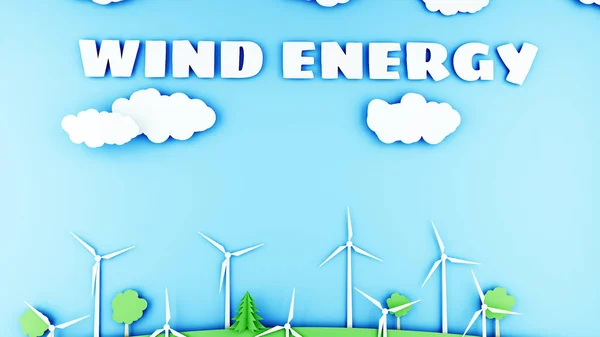 Paisaje de dibujos animados de papel con turbinas eólicas. Concepto ecológico. renderizado 3d . —  Fotos de Stock