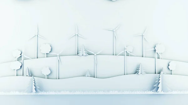 Paper cartoon landscape with wind power turbines. Ecological concept. 3d rendering. — Stock Photo, Image