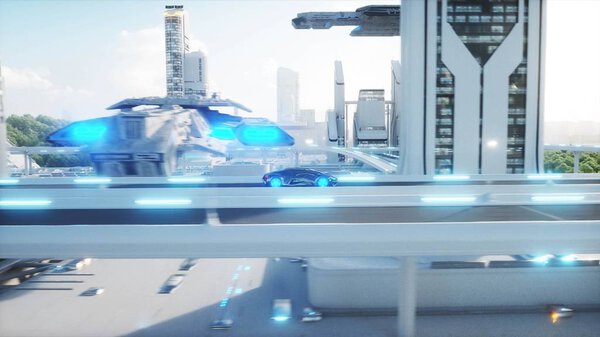 Черный футуристический электромобиль очень быстро ездит по городу. Концепция будущего. 3d-рендеринг
.