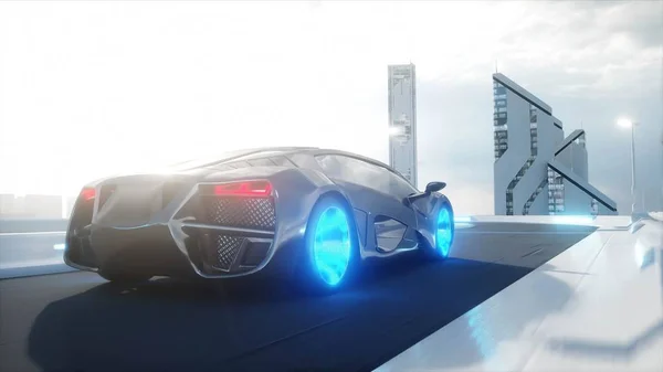 Чорний футуристичний електричний автомобіль дуже швидке водіння в науковому містечку. Концепція майбутнього. 3D візуалізація . — стокове фото