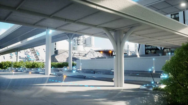 Fütüristik şehir, kasaba. Gelecek kavramı. Havadan görünümü. 3D render.