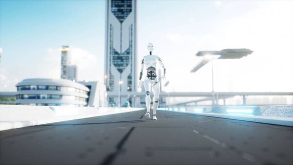 Женщина-робот ходит. Футуристический город, город. Люди и роботы. 3d-рендеринг
.