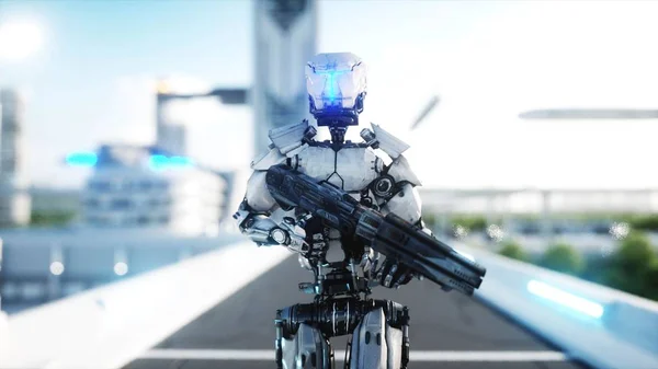 Militära robot med pistol promenader. Framtidsstaden, stad. 3D-rendering. — Stockfoto