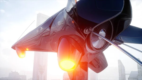 Sci fi hajó futurisztikus köd város felett. Légifelvételek. Koncepciót a jövő. 3D-leképezés. — Stock Fotó