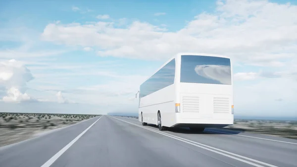 화이트 관광 버스는도 고속도로. 매우 빠른 운전입니다. 여행 및 여행 개념입니다. 3 차원 렌더링. — 스톡 사진