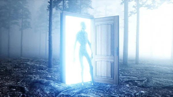 Alien in mist nacht bos. Lichte portal deur. UFO concept. 3D-rendering. — Stockfoto