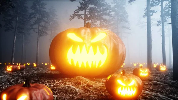 scary gigant pumpkin in fog night forest. Fear and horror. Mistic and halloween concept. 3d rendering.