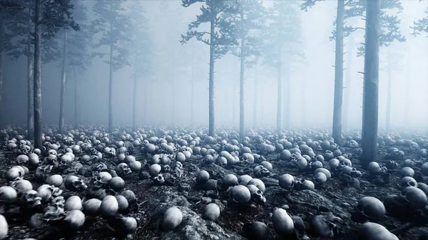 Scary old skulls in fog night forest. Fear and horror. Mistic and apocalypse concept. 3d rendering. — Stock Photo, Image