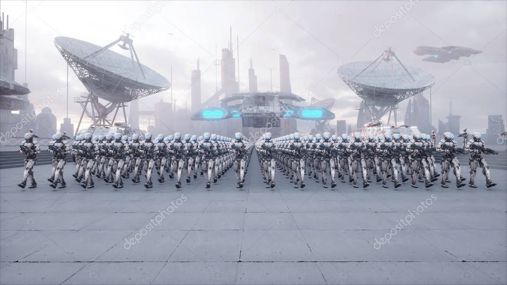 invasion of military robots. Dramatic apocalypse super realistic concept. Future. 3d rendering.