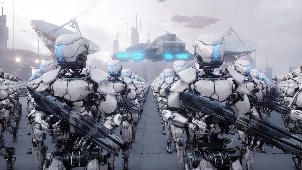 invasion of military robots. Dramatic apocalypse super realistic concept. Future. 3d rendering.