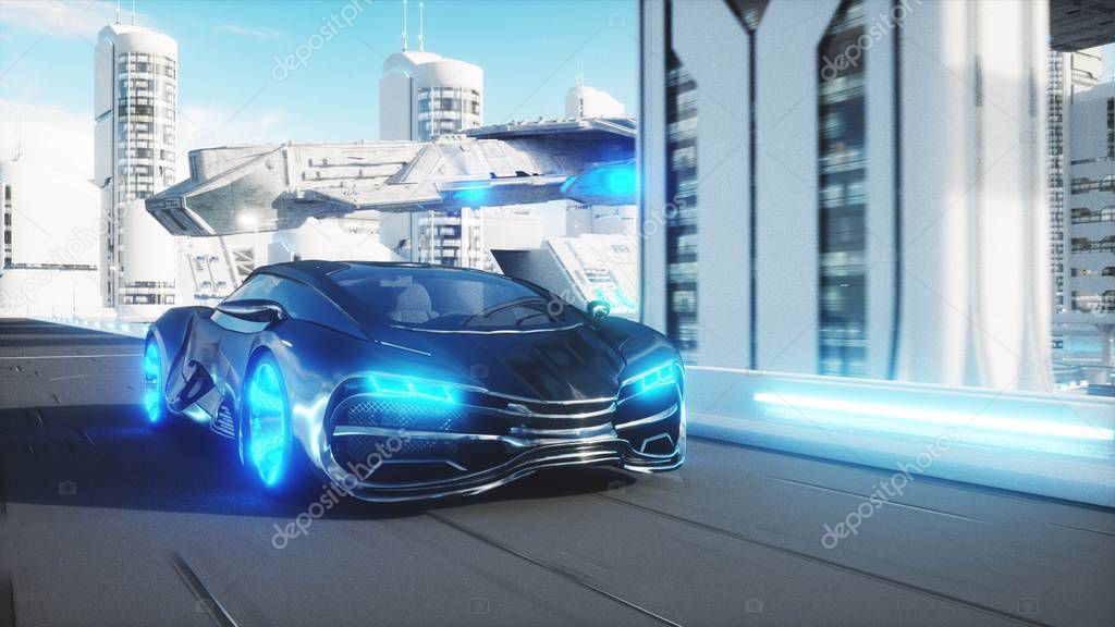 black futuristic electric car very fast driving in sci fi sity, town. Concept of future. 3d rendering.