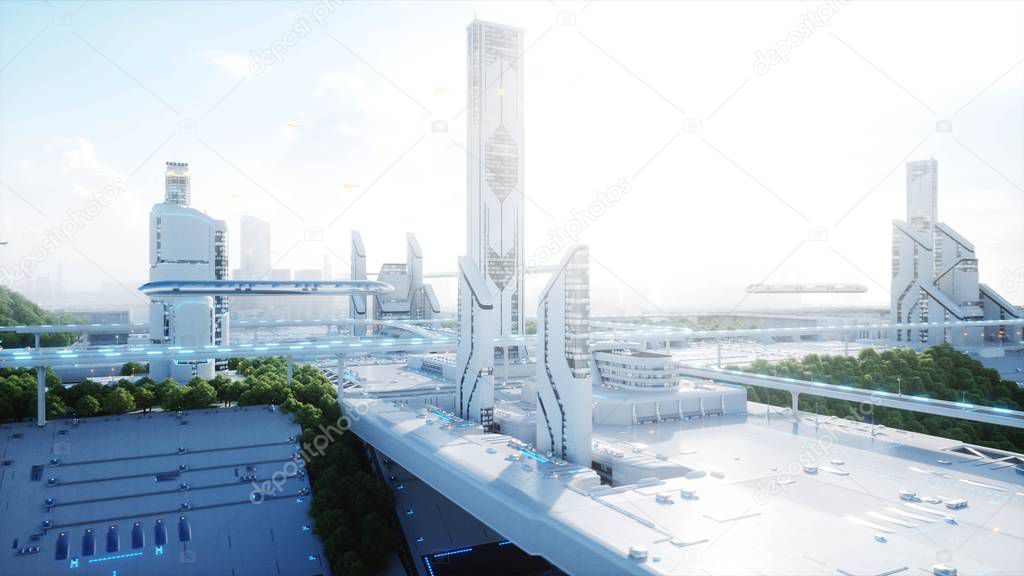 Futuristic city, town. The concept of the future. Aerial view. 3d rendering.